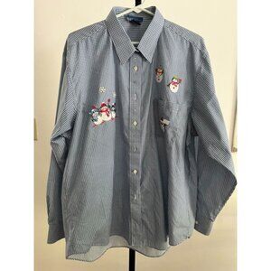 EUC Las Olas  Blue & White Checkered Snowman Embroidered Button-Up Shirt XL